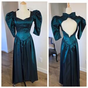 Vtg 80s Alfred Angelo Emerald  Taffeta High Low Backless Dress Holiday EUC XS 0